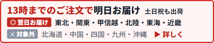 13時までのご注文で明日お届け(土日祝も出荷)。翌日お届け対象は東北・関東・甲信越・北陸・東海・近畿。北海道・中国・四国・九州・沖縄は対象外